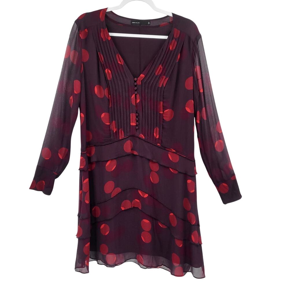 Karen Millen Purple Red Polka Dot Print Tiered Chiffon Ruffled Dress Women's 10